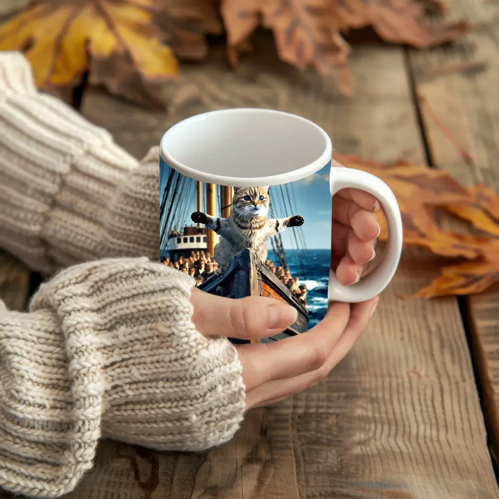 Cat Spreading Arms On Sailing Ship Bow – Mugs