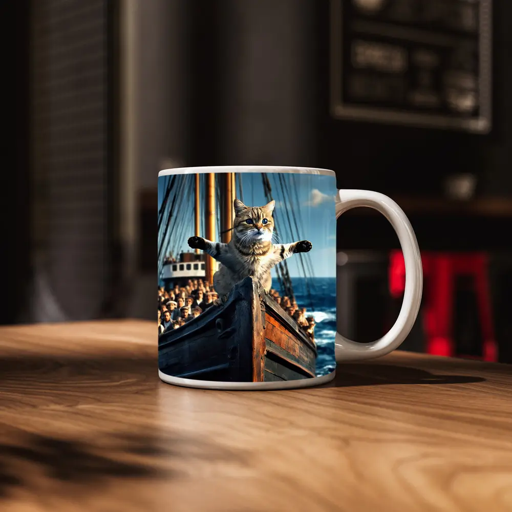 Cat Spreading Arms On Sailing Ship Bow – Mugs