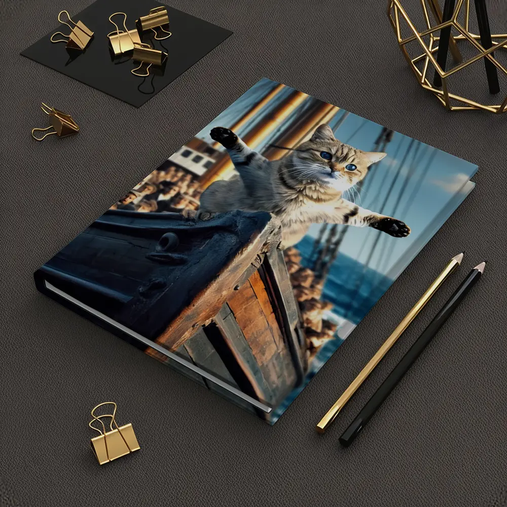 Cat Spreading Arms On Sailing Ship Bow – Notebooks