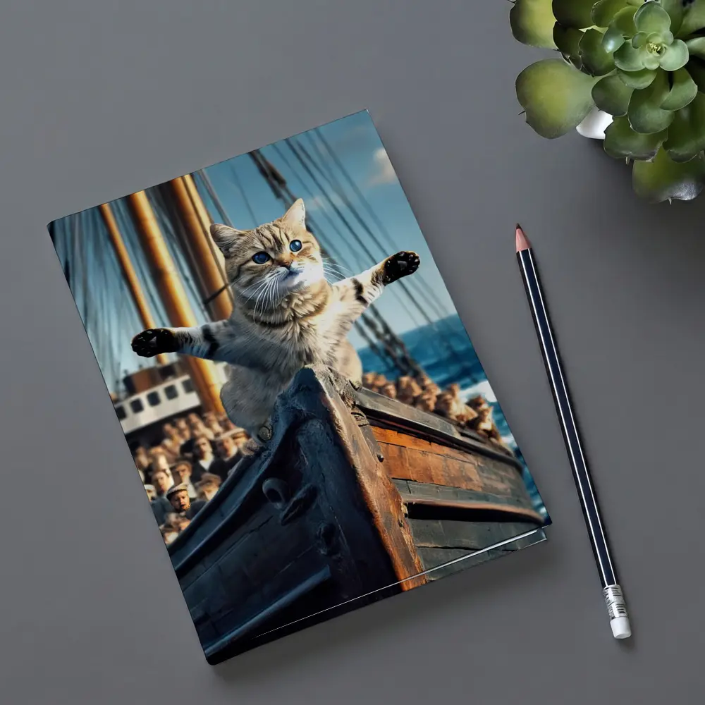 Cat Spreading Arms On Sailing Ship Bow – Notebooks
