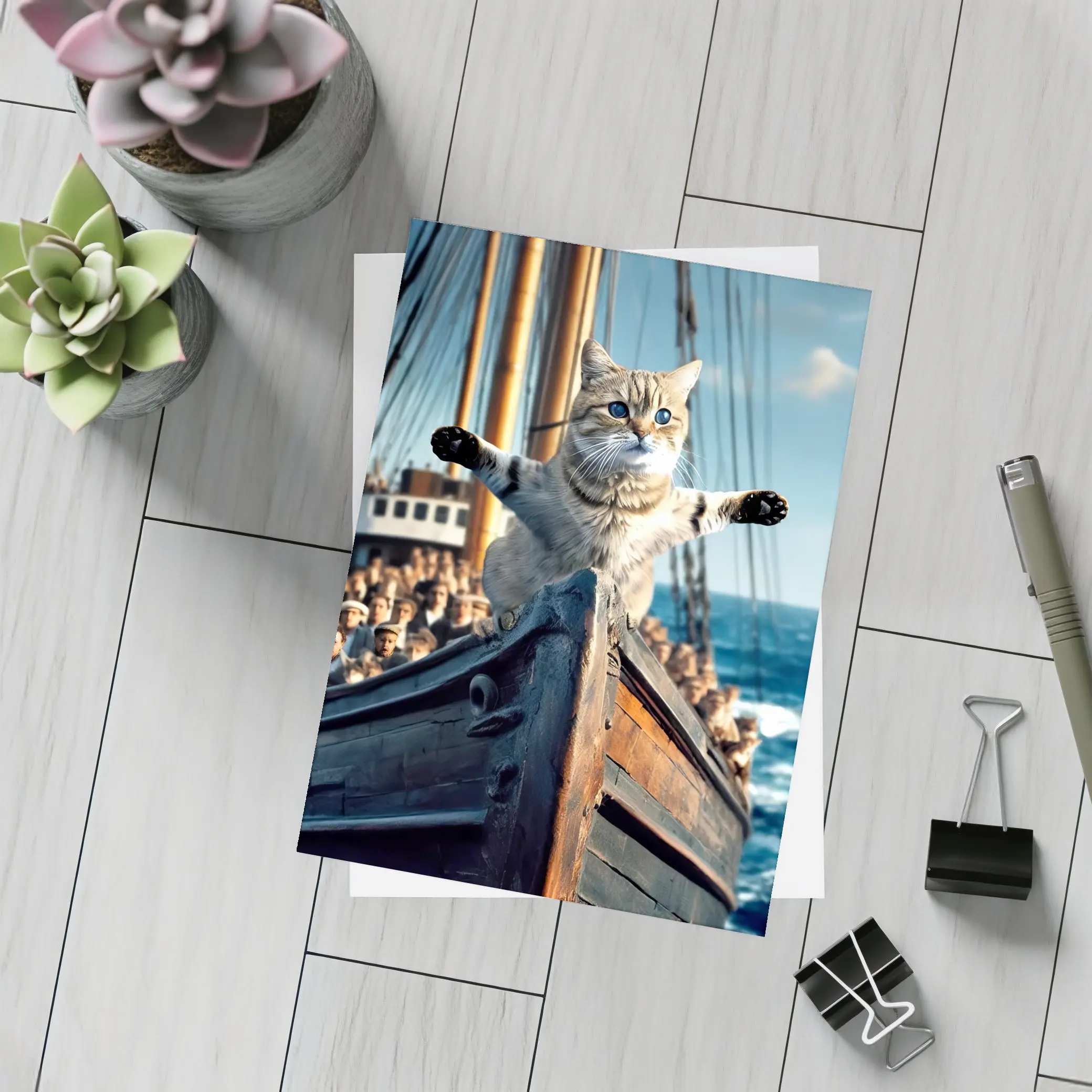 Cat Spreading Arms On Sailing Ship Bow – Postcards