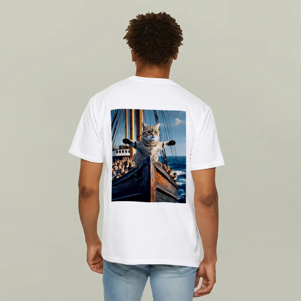 Cat Spreading Arms On Sailing Ship Bow – T-Shirts