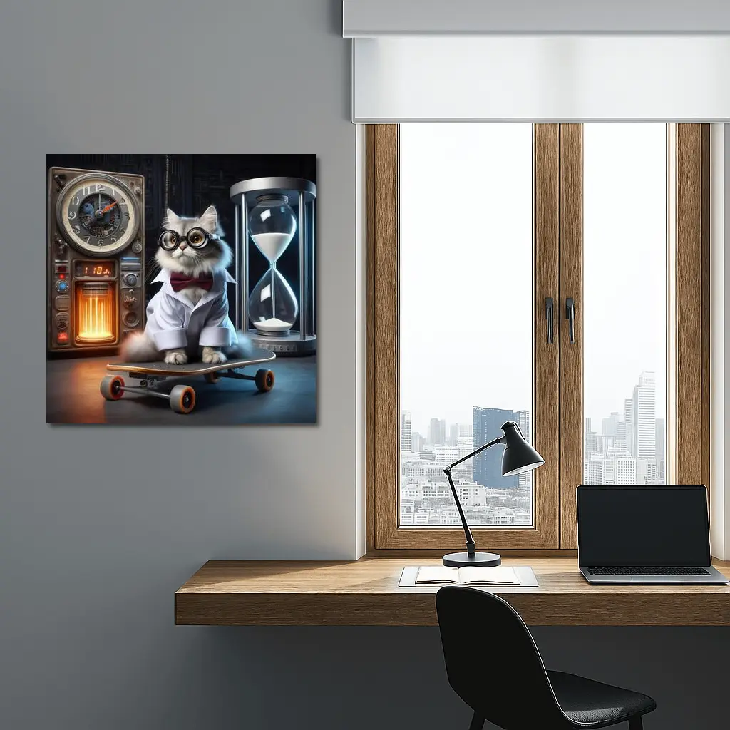 Persian Cat Scientist Riding Skateboard Lab – Wall Art