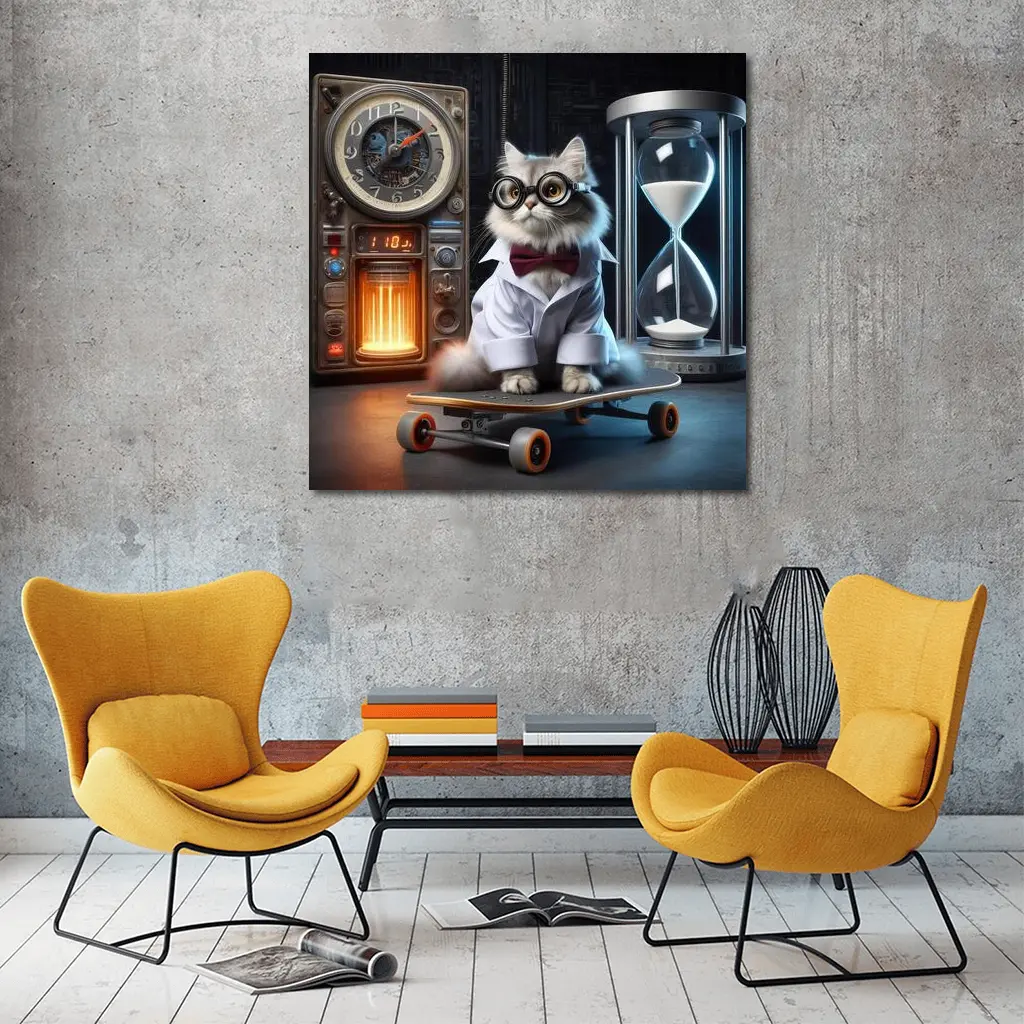 Persian Cat Scientist Riding Skateboard Lab – Wall Art