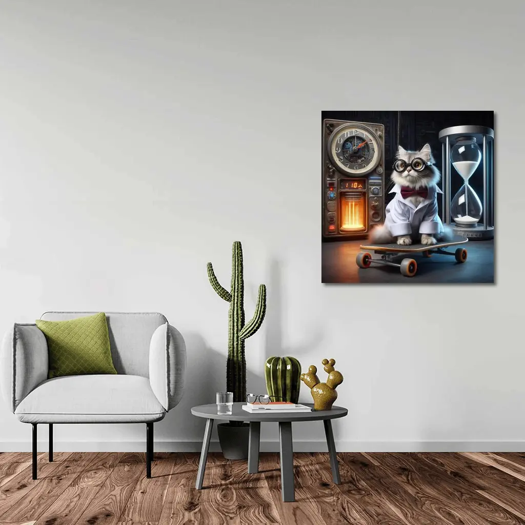 Persian Cat Scientist Riding Skateboard Lab – Wall Art
