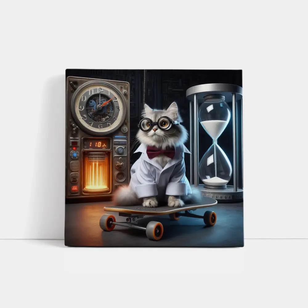 Persian Cat Scientist Riding Skateboard Lab – Wall Art