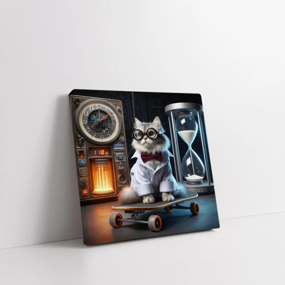 Persian Cat Scientist Riding Skateboard Lab – Wall Art