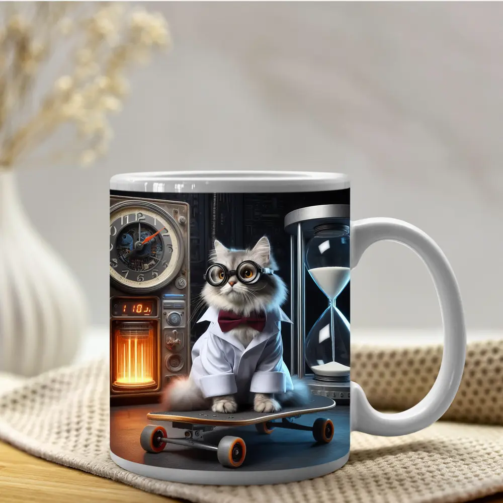Persian Cat Scientist Riding Skateboard Lab – Mugs