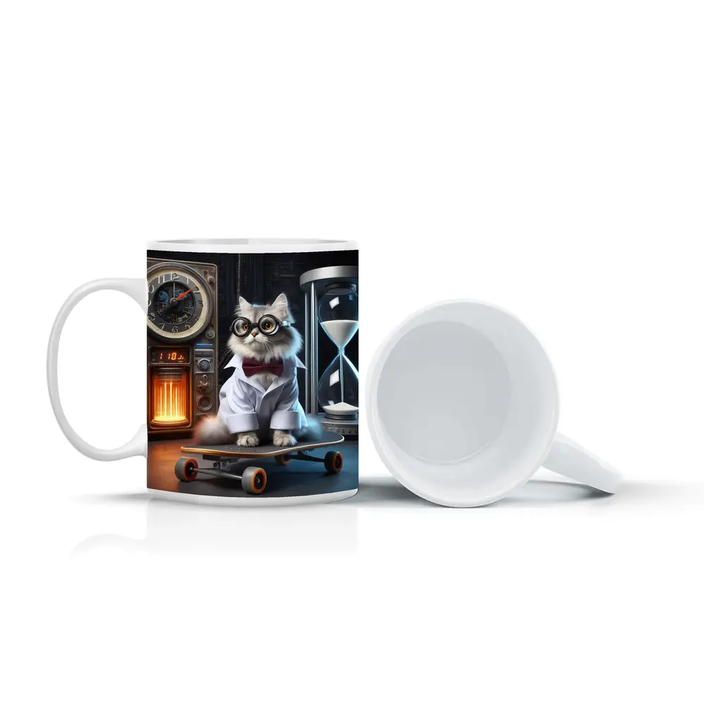 Persian Cat Scientist Riding Skateboard Lab – Mugs