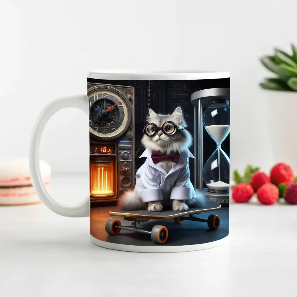 Persian Cat Scientist Riding Skateboard Lab – Mugs