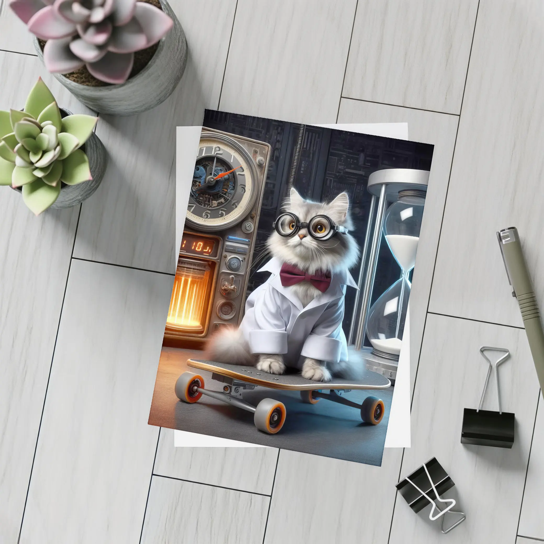Persian Cat Scientist Riding Skateboard Lab – Postcards