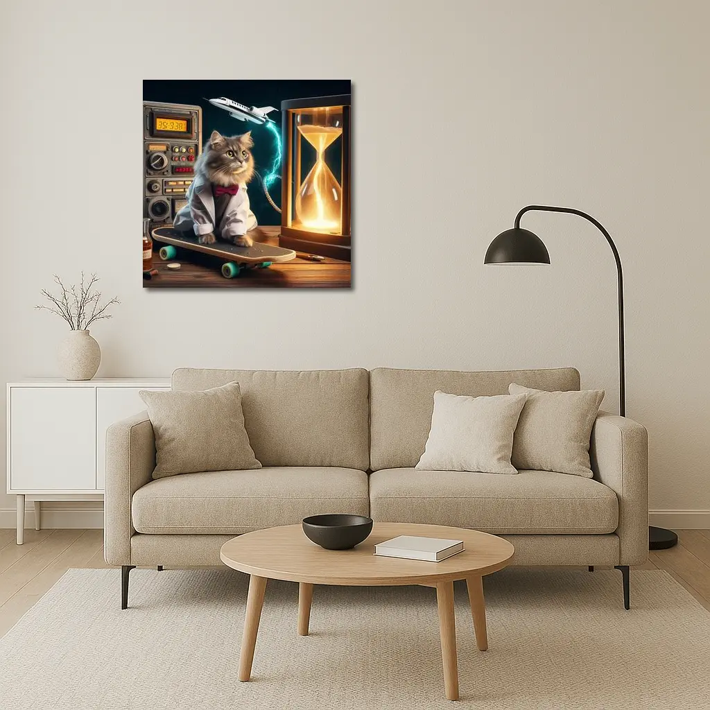 Scientist Cat on Skateboard Time Machine – Wall Art