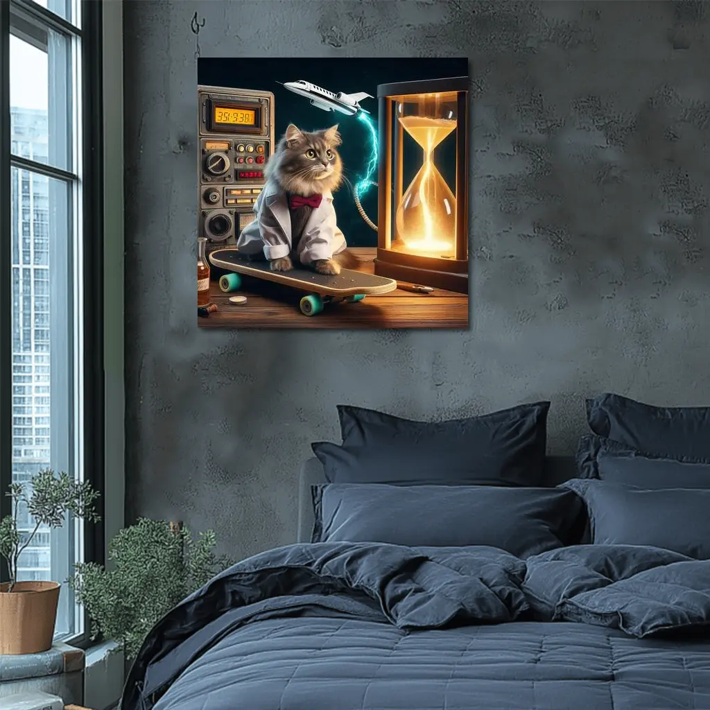 Scientist Cat on Skateboard Time Machine – Wall Art