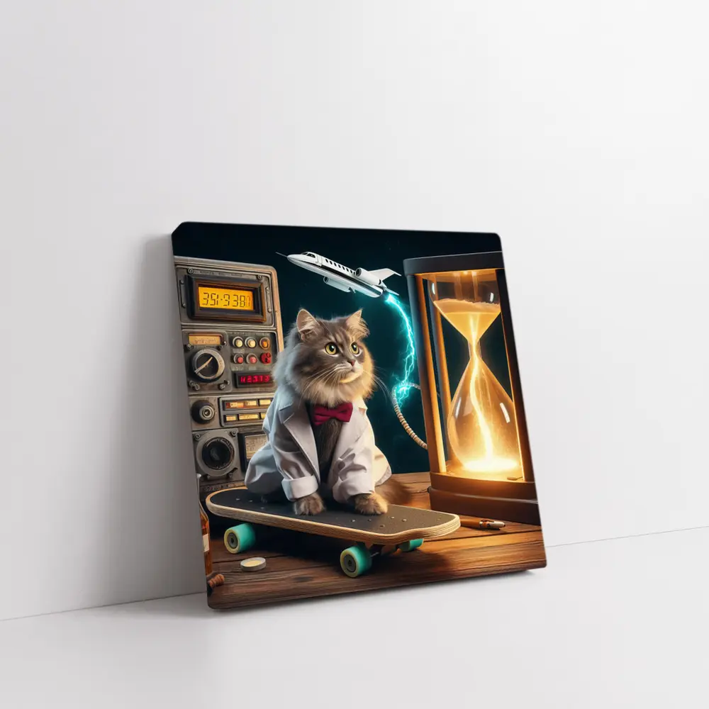 Scientist Cat on Skateboard Time Machine – Wall Art
