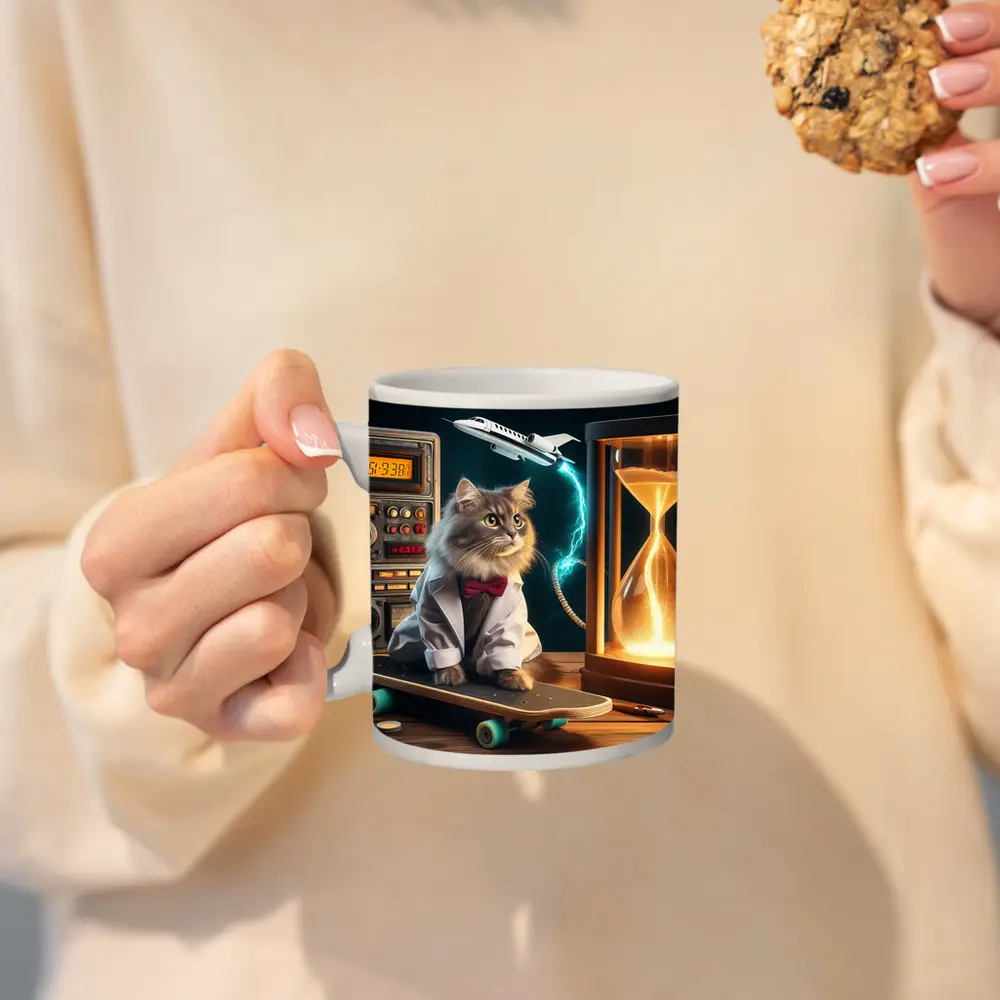 Scientist Cat on Skateboard Time Machine – Mugs