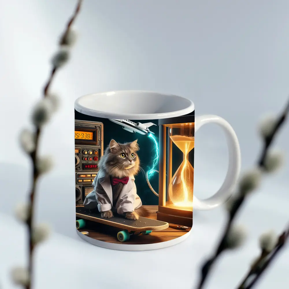 Scientist Cat on Skateboard Time Machine – Mugs