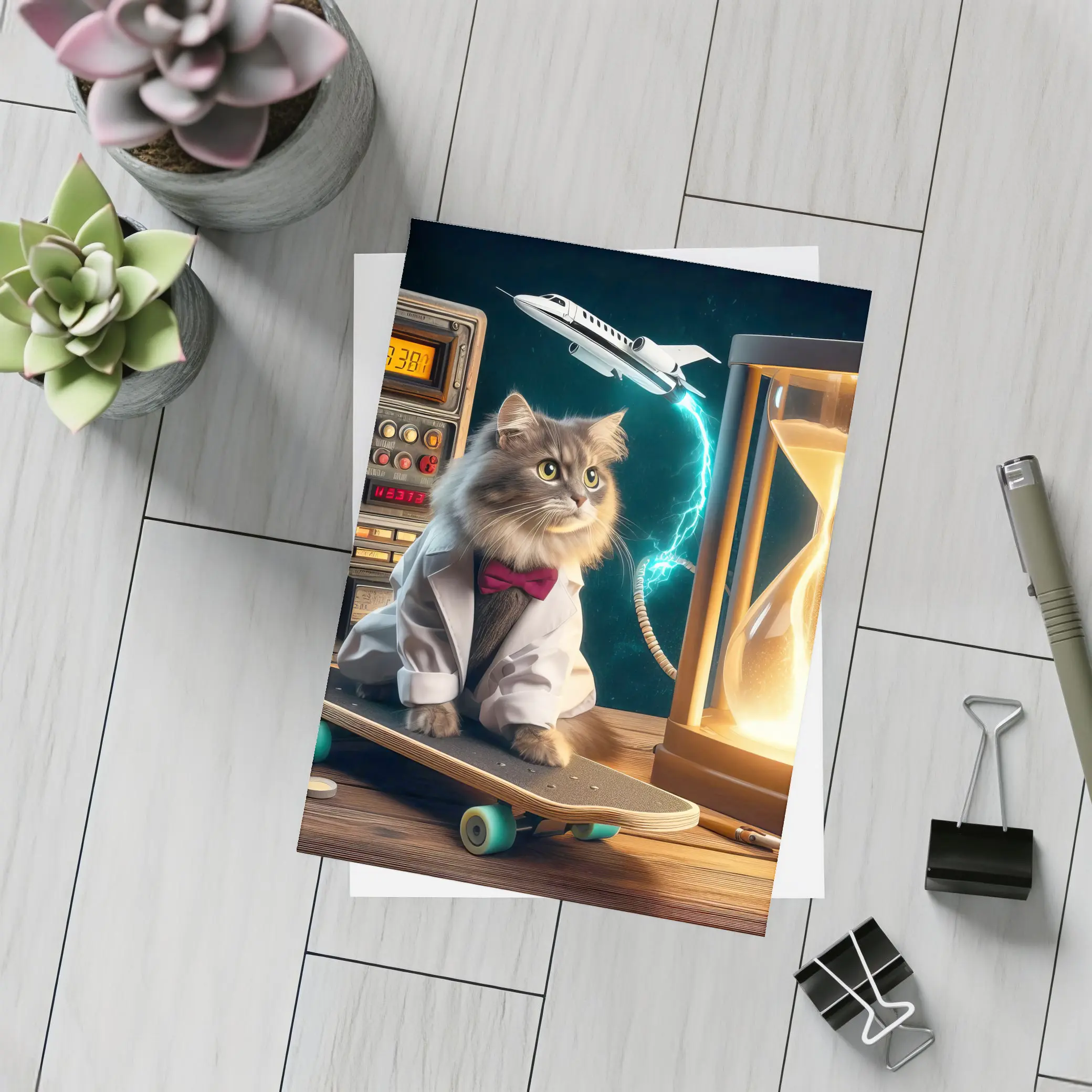 Scientist Cat on Skateboard Time Machine – Postcards