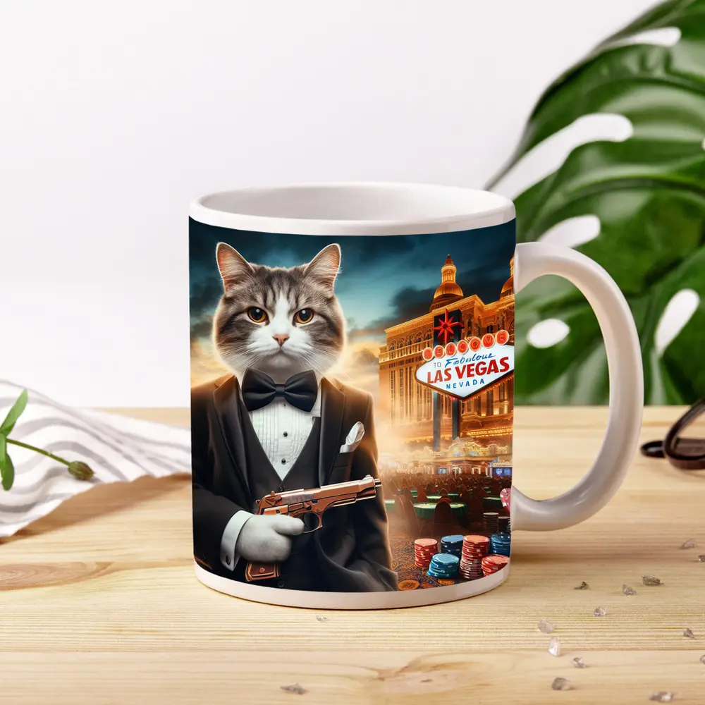 Tuxedo Cat Secret Agent Las Vegas Casino – Mugs