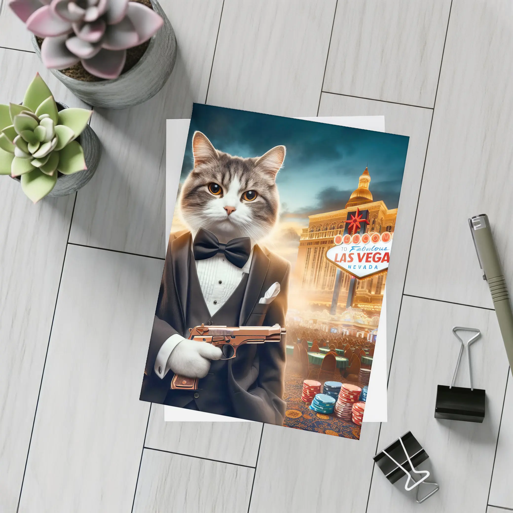 Tuxedo Cat Secret Agent Las Vegas Casino – Postcards