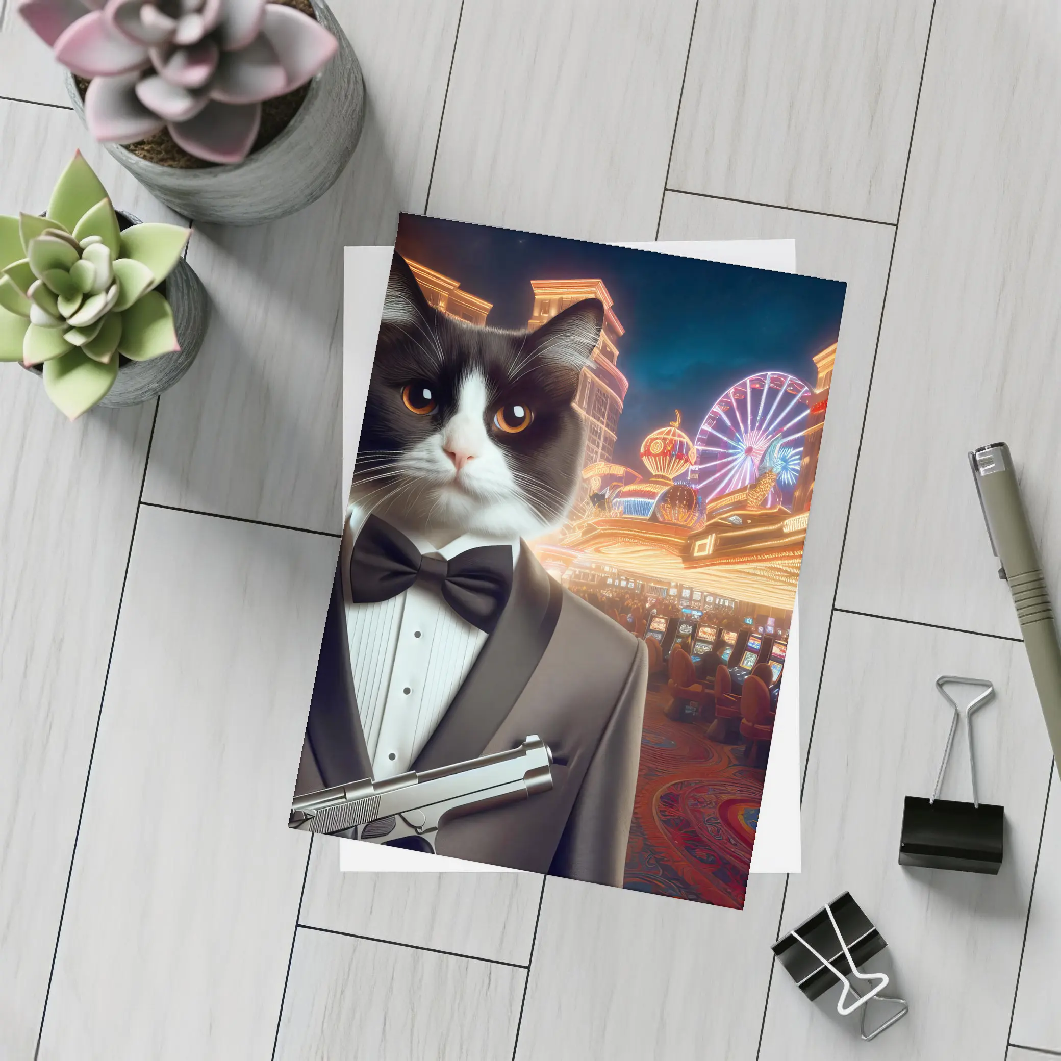 Tuxedo Cat Secret Agent Las Vegas Casino – Postcards