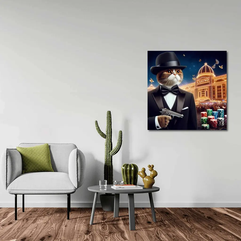 Tuxedo Cat Spy Casino Night Scene – Wall Art