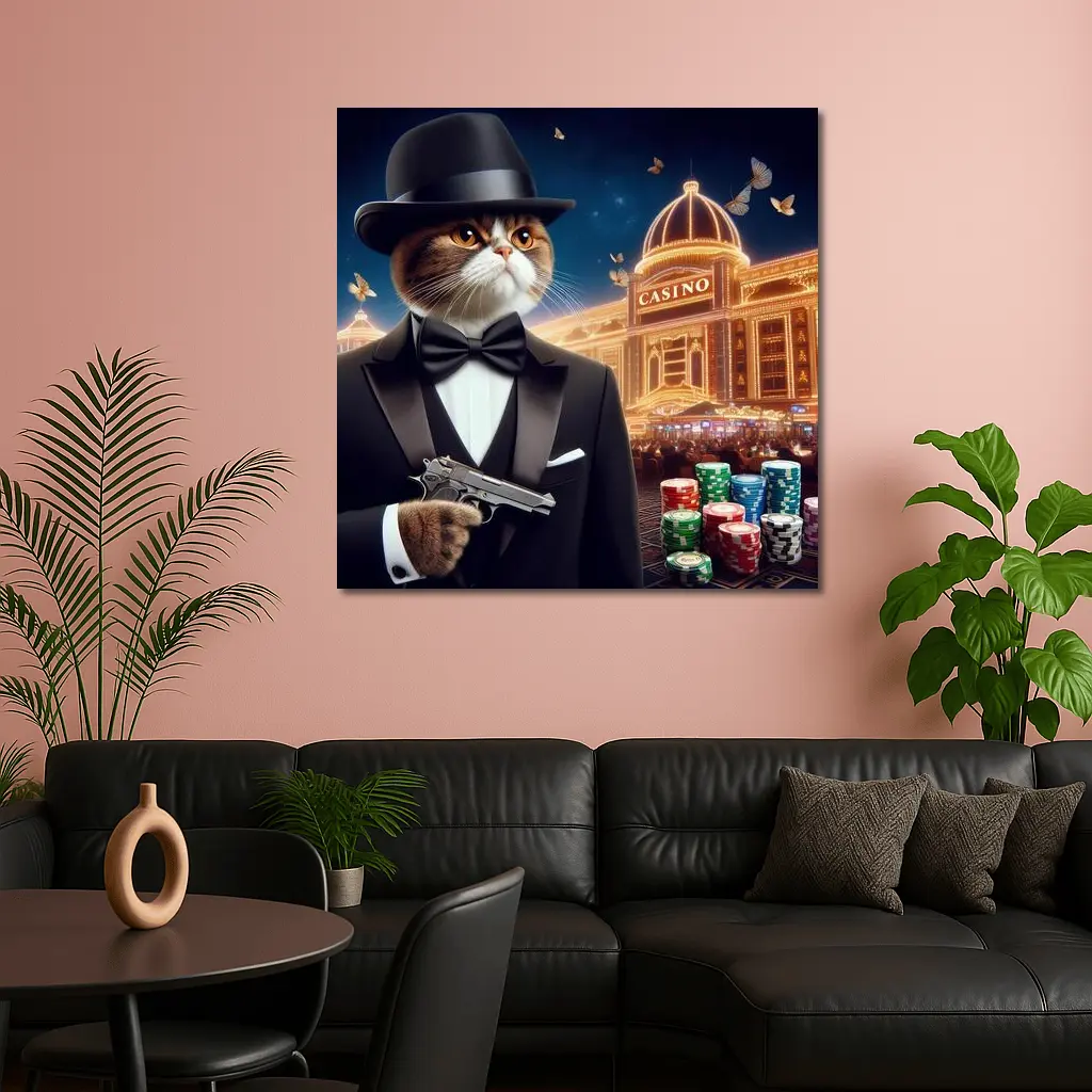 Tuxedo Cat Spy Casino Night Scene – Wall Art