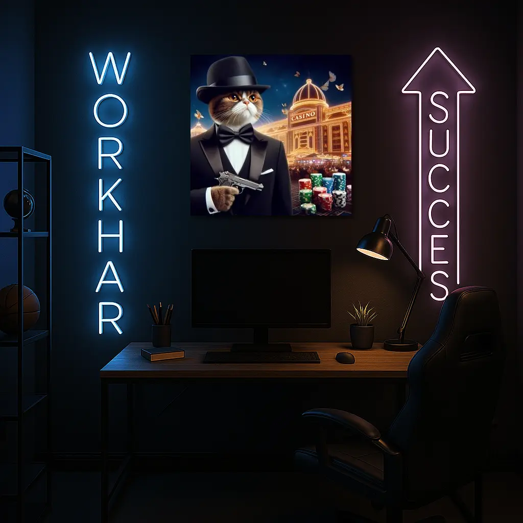 Tuxedo Cat Spy Casino Night Scene – Wall Art