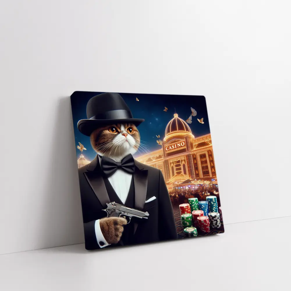 Tuxedo Cat Spy Casino Night Scene – Wall Art