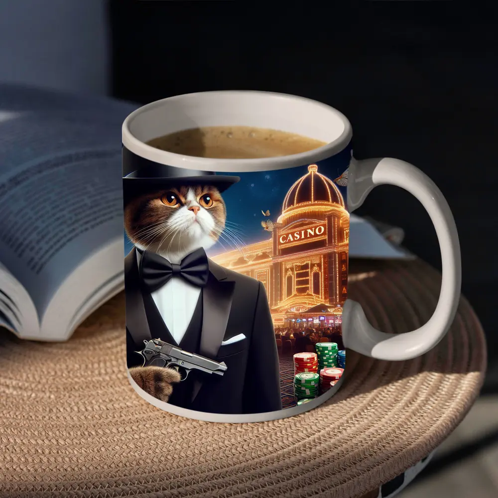 Tuxedo Cat Spy Casino Night Scene – Mugs