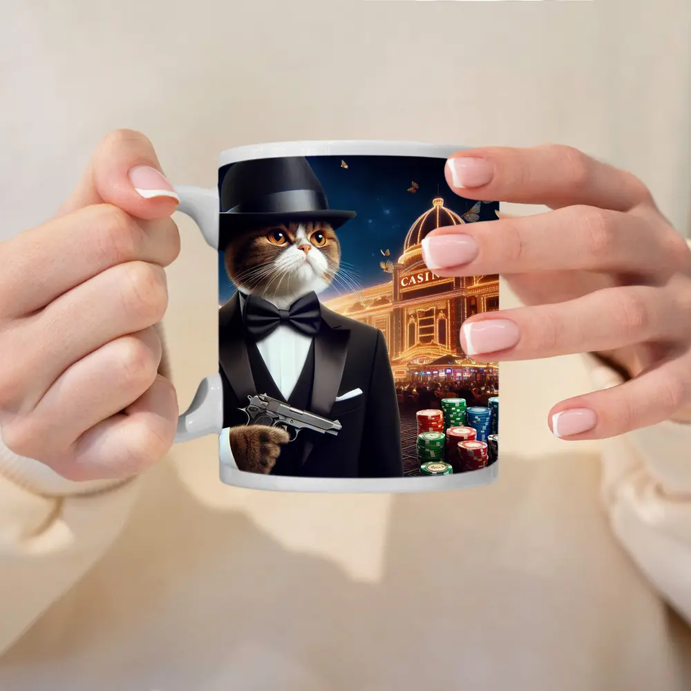 Tuxedo Cat Spy Casino Night Scene – Mugs