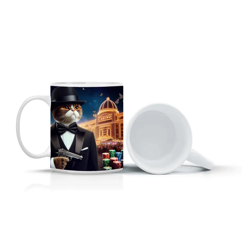 Tuxedo Cat Spy Casino Night Scene – Mugs
