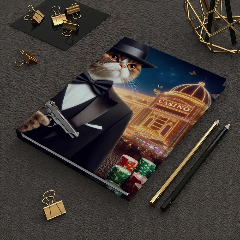 Tuxedo Cat Spy Casino Night Scene – Notebooks