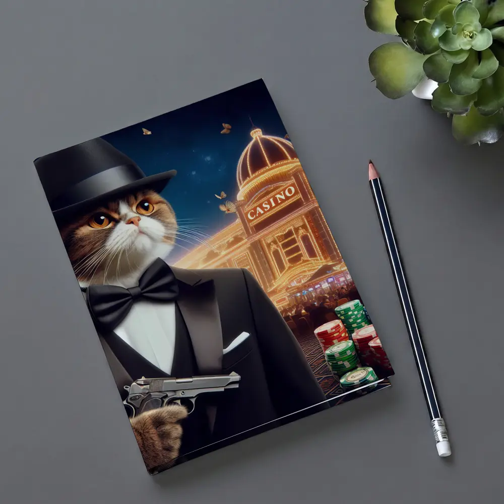 Tuxedo Cat Spy Casino Night Scene – Notebooks