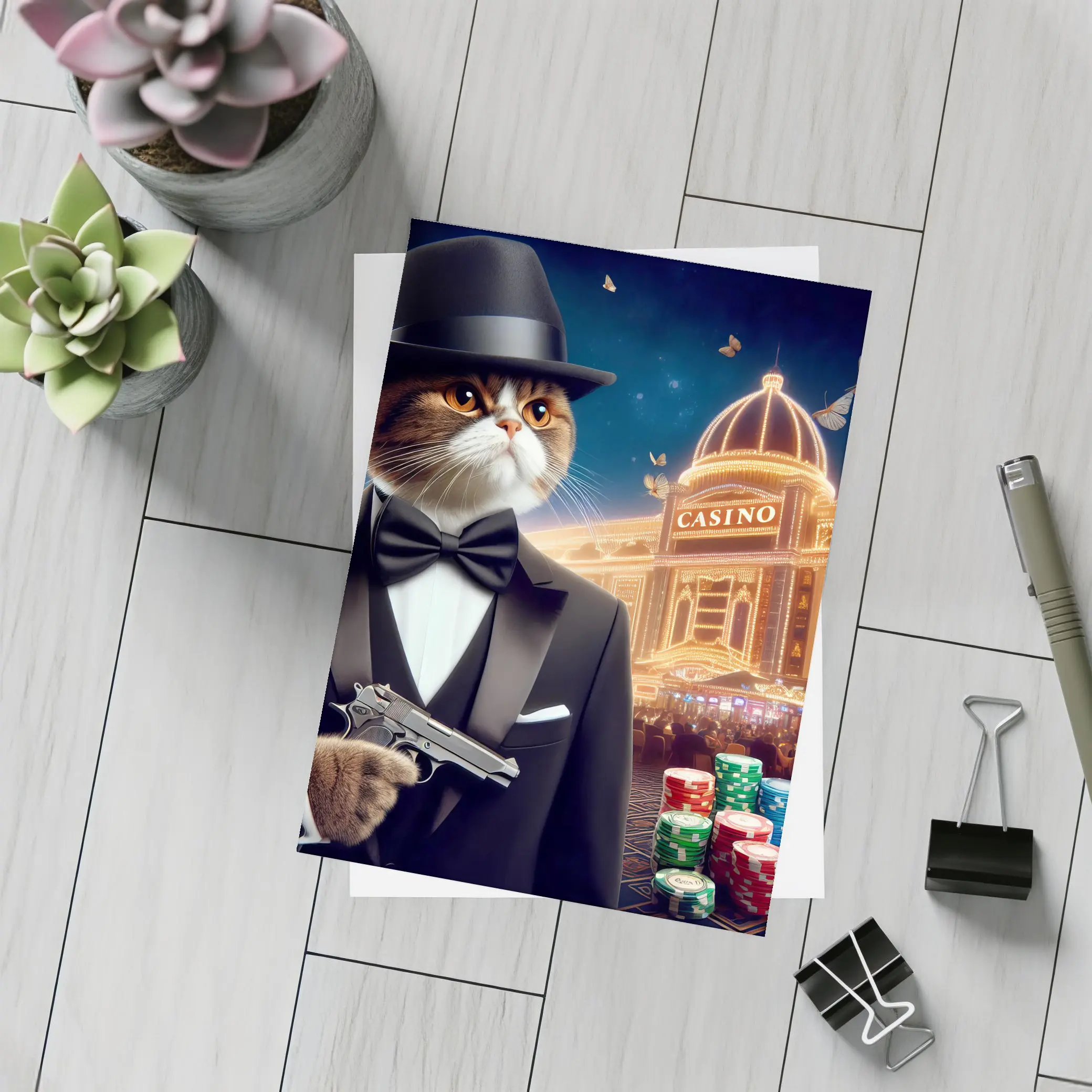 Tuxedo Cat Spy Casino Night Scene – Postcards
