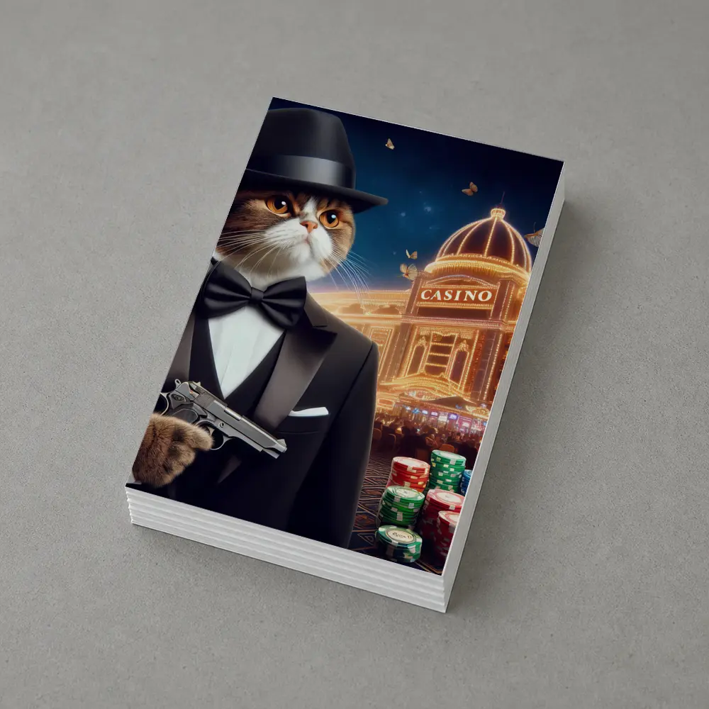 Tuxedo Cat Spy Casino Night Scene – Postcards