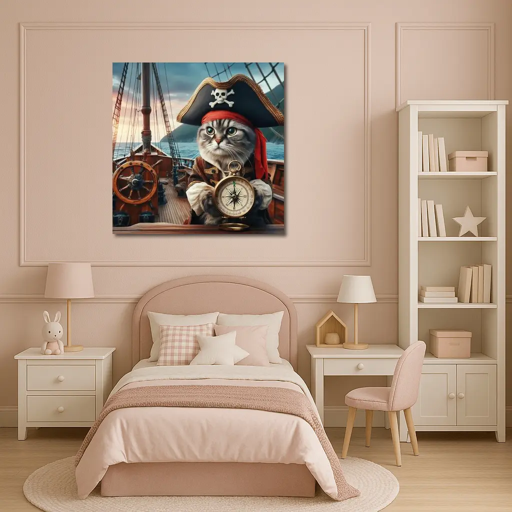 Pirate Cat With Compass On Ship – Wall Art