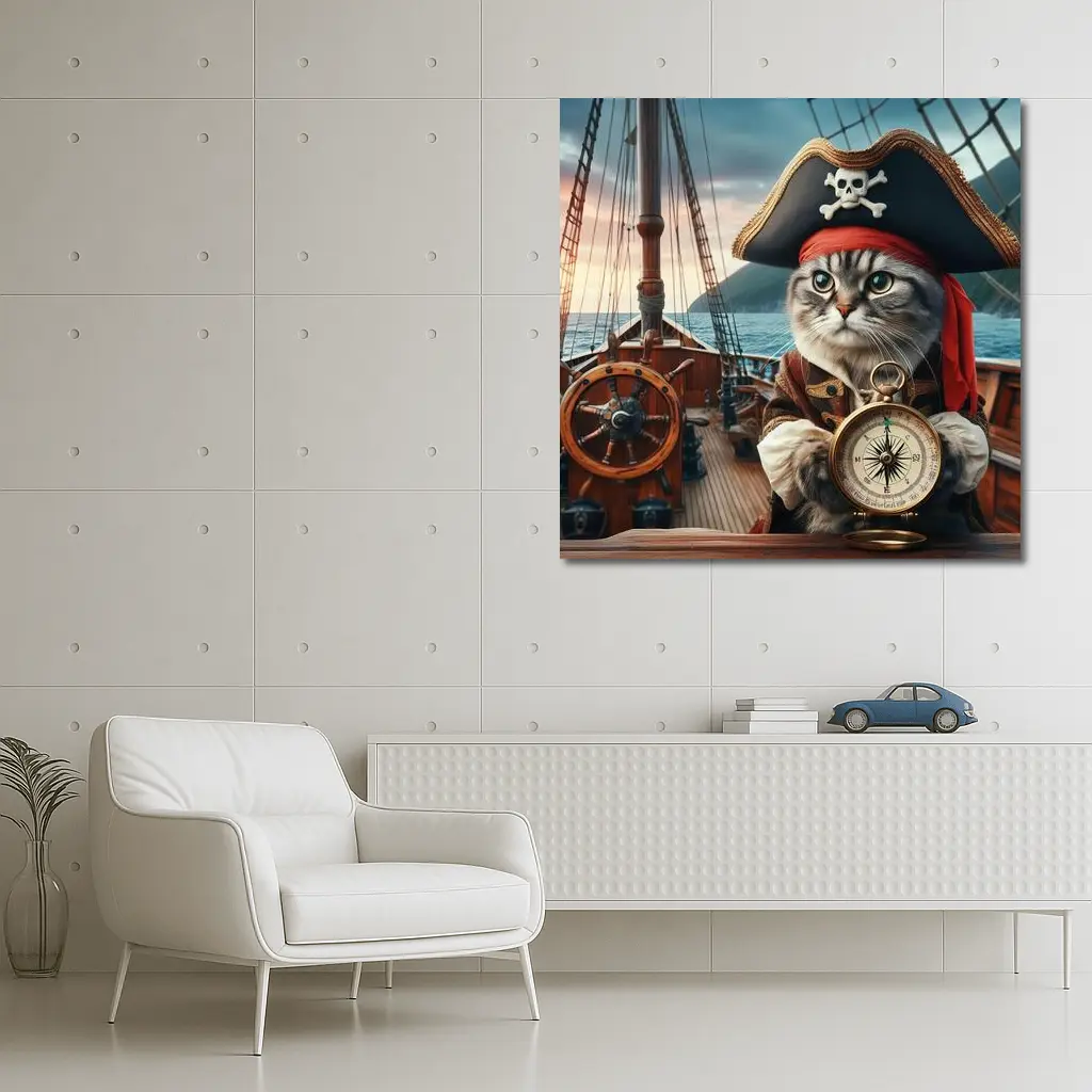 Pirate Cat With Compass On Ship – Wall Art