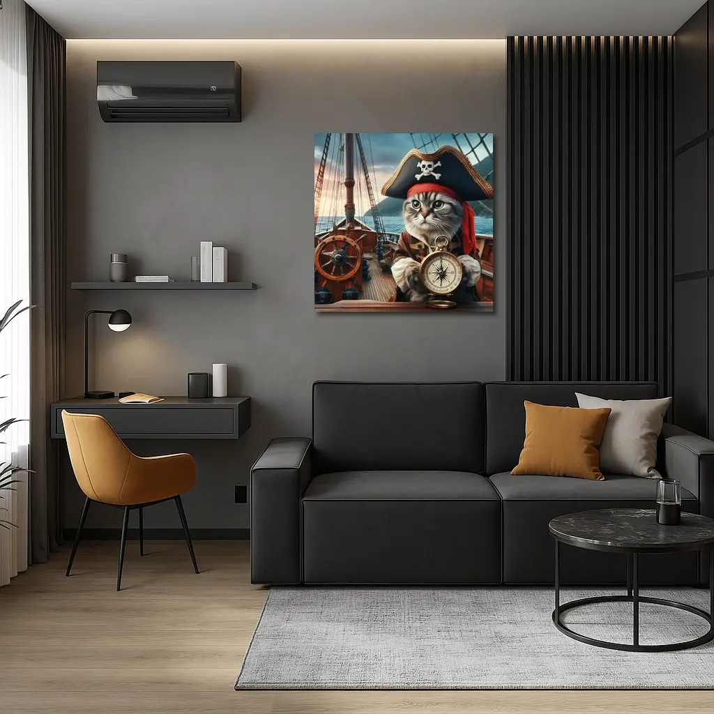 Pirate Cat With Compass On Ship – Wall Art