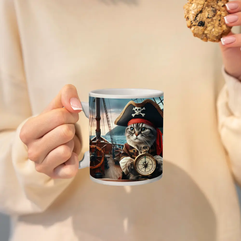 Pirate Cat With Compass On Ship – Mugs