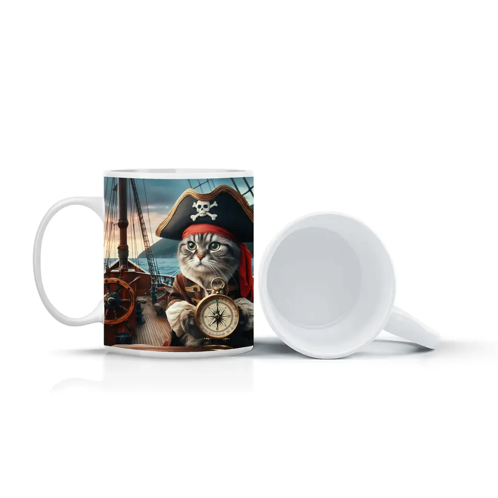 Pirate Cat With Compass On Ship – Mugs