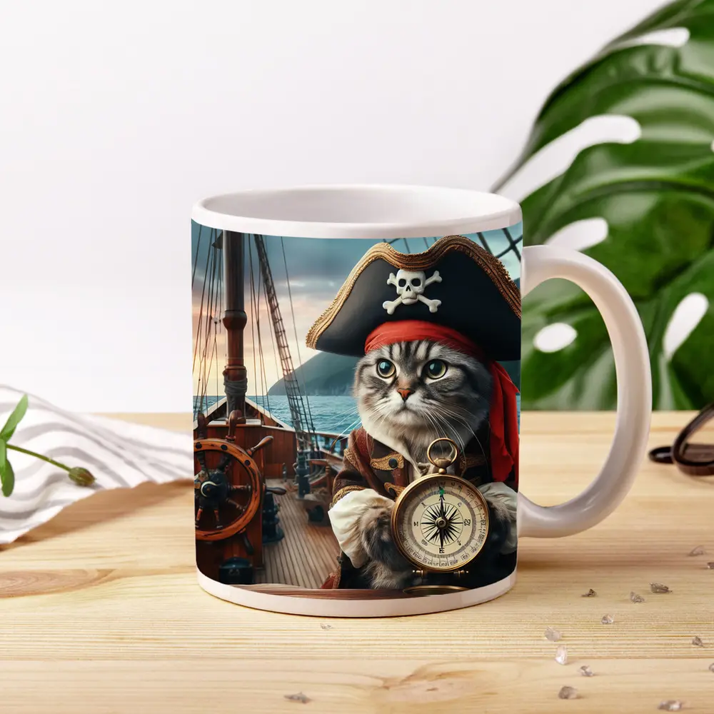 Pirate Cat With Compass On Ship – Mugs