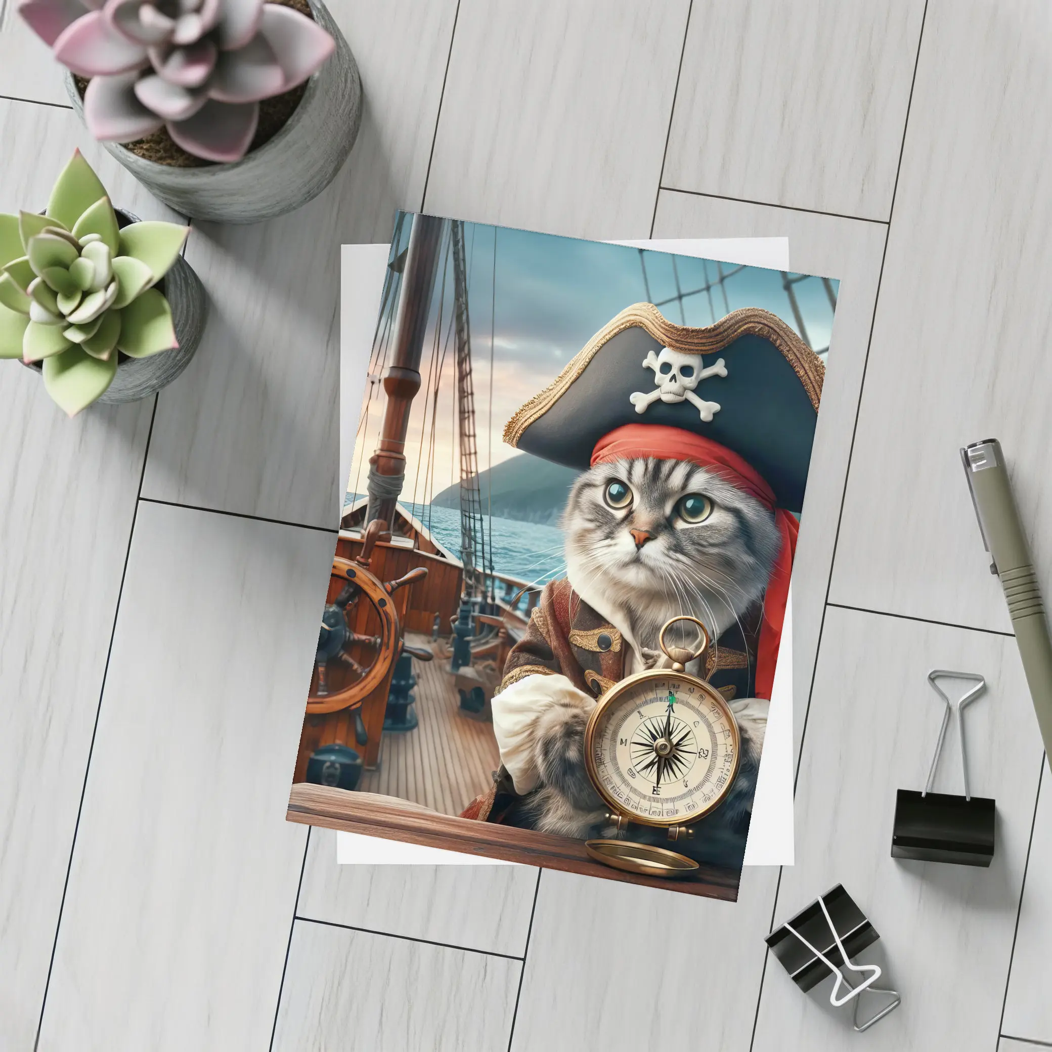 Pirate Cat With Compass On Ship – Postcards