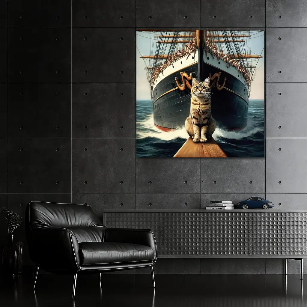 Cat Sitting On Ship Bow Ocean Waves – Wall Art