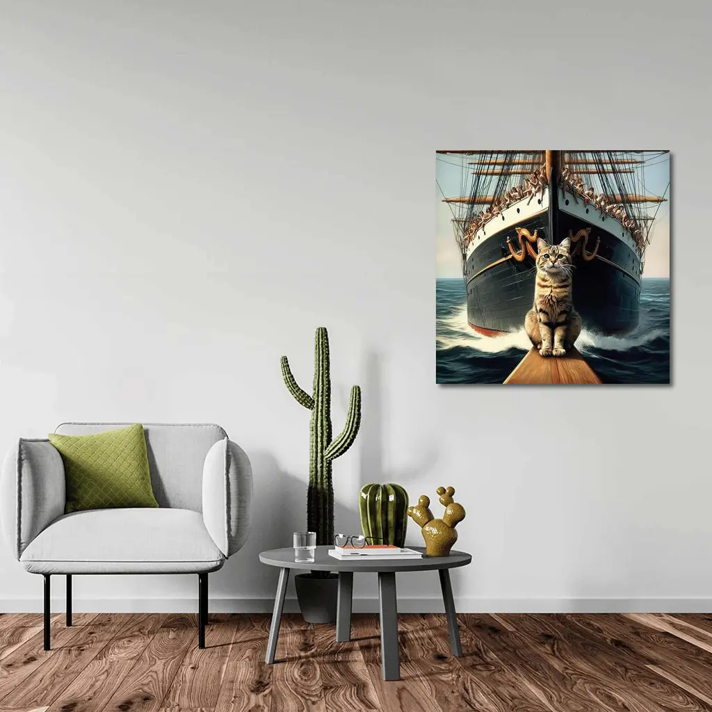 Cat Sitting On Ship Bow Ocean Waves – Wall Art