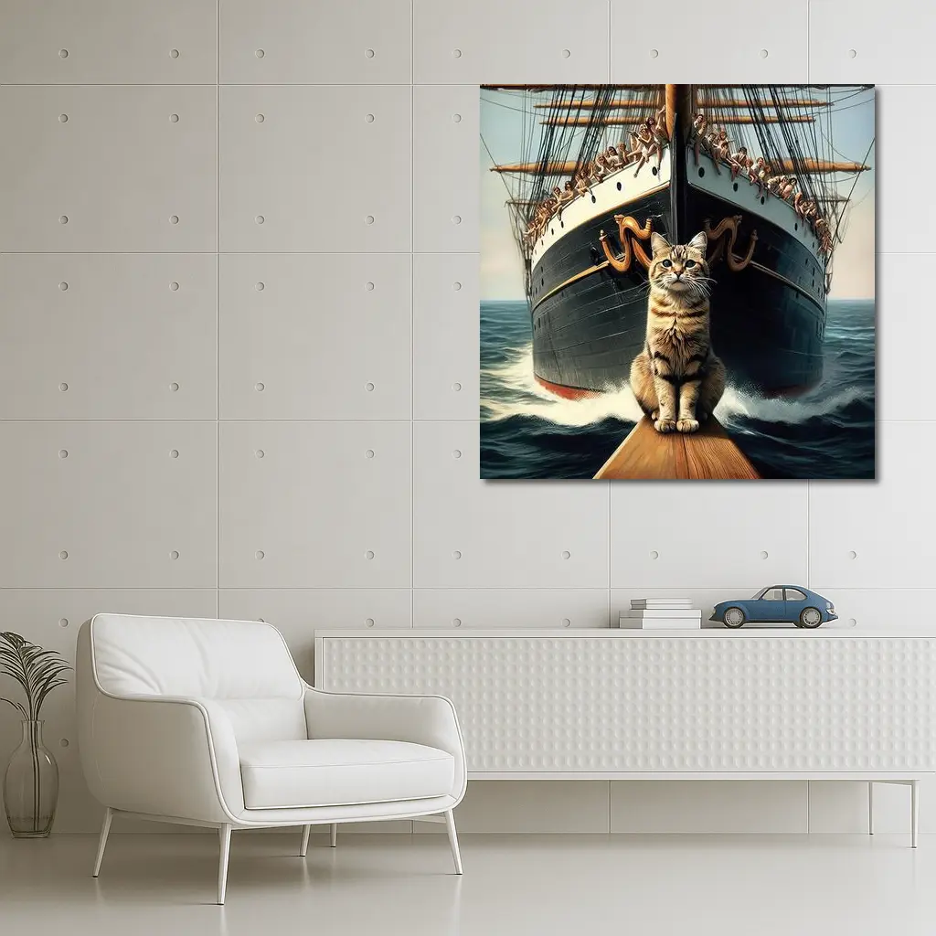 Cat Sitting On Ship Bow Ocean Waves – Wall Art