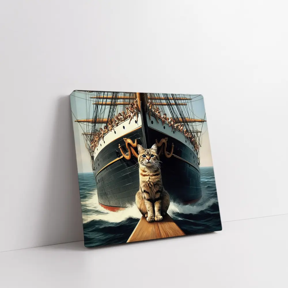 Cat Sitting On Ship Bow Ocean Waves – Wall Art