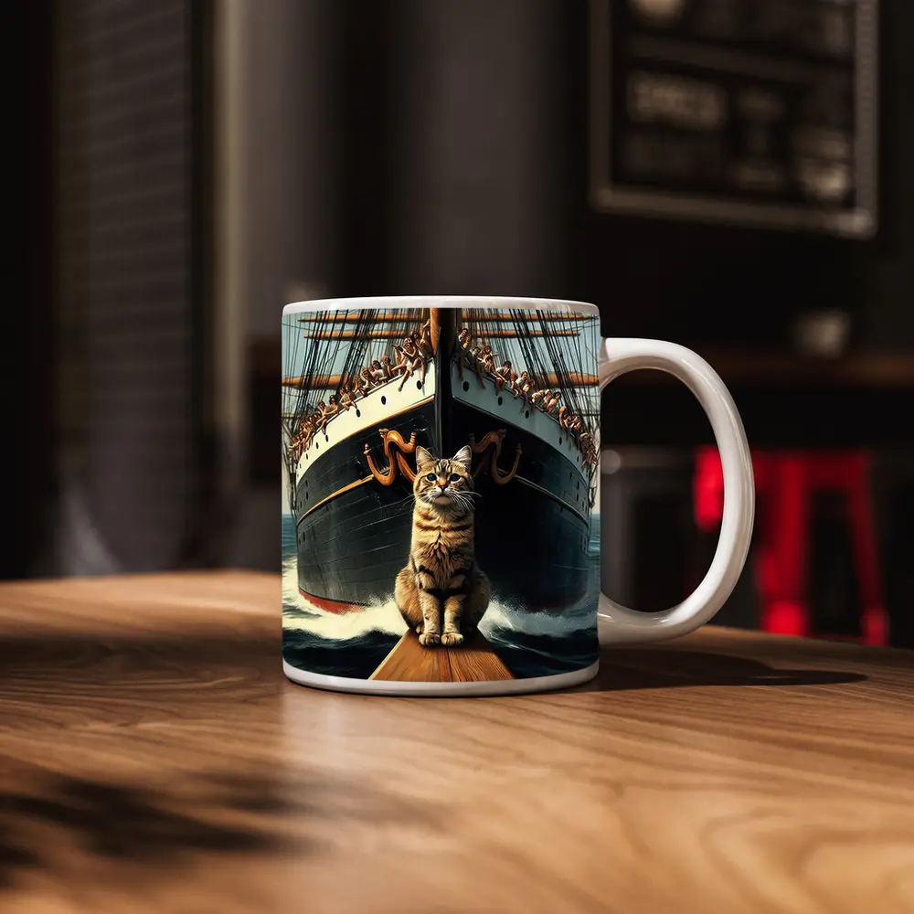 Cat Sitting On Ship Bow Ocean Waves – Mugs
