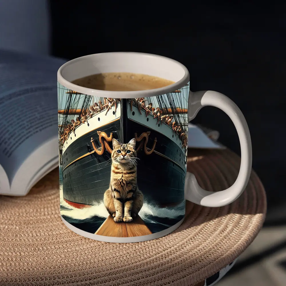 Cat Sitting On Ship Bow Ocean Waves – Mugs