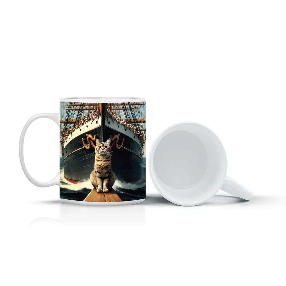 Cat Sitting On Ship Bow Ocean Waves – Mugs