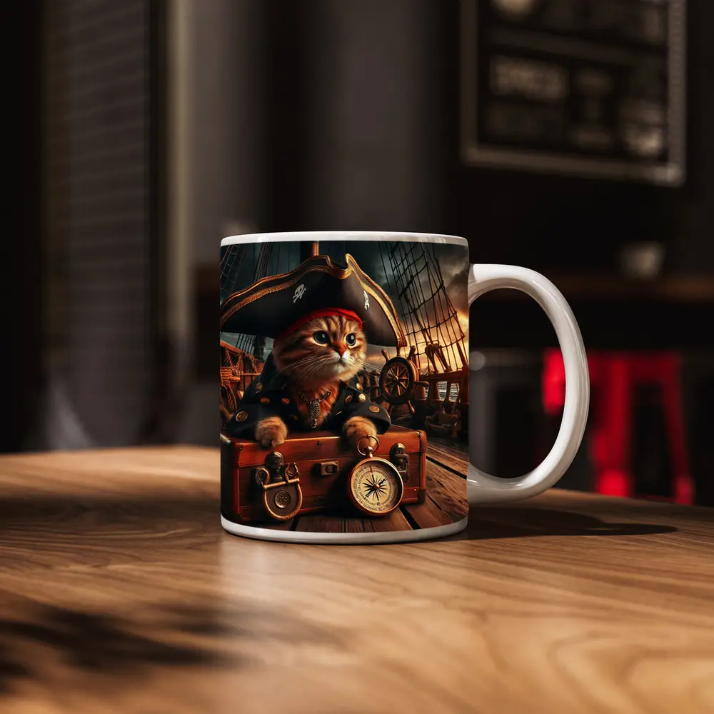 Pirate Cat on Ship Deck Treasure Chest – Mugs